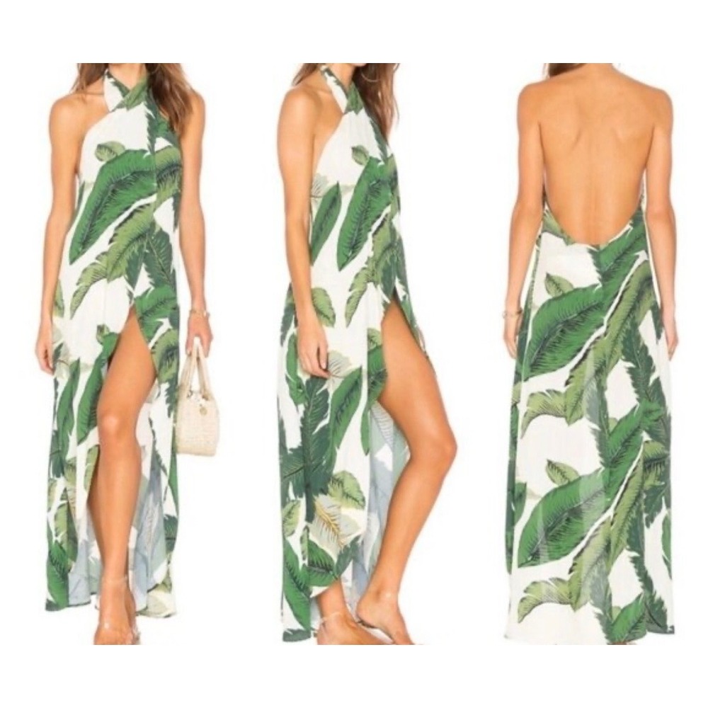 Beach Riot Salty Wrap Dress Palm Tropical Banana Leaf Halter Maxi Cover Up OS